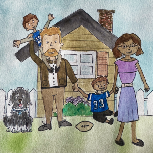 Watercolor illustration of interracial family smiling and embracing outside of home in Somersworth, New Hampshire