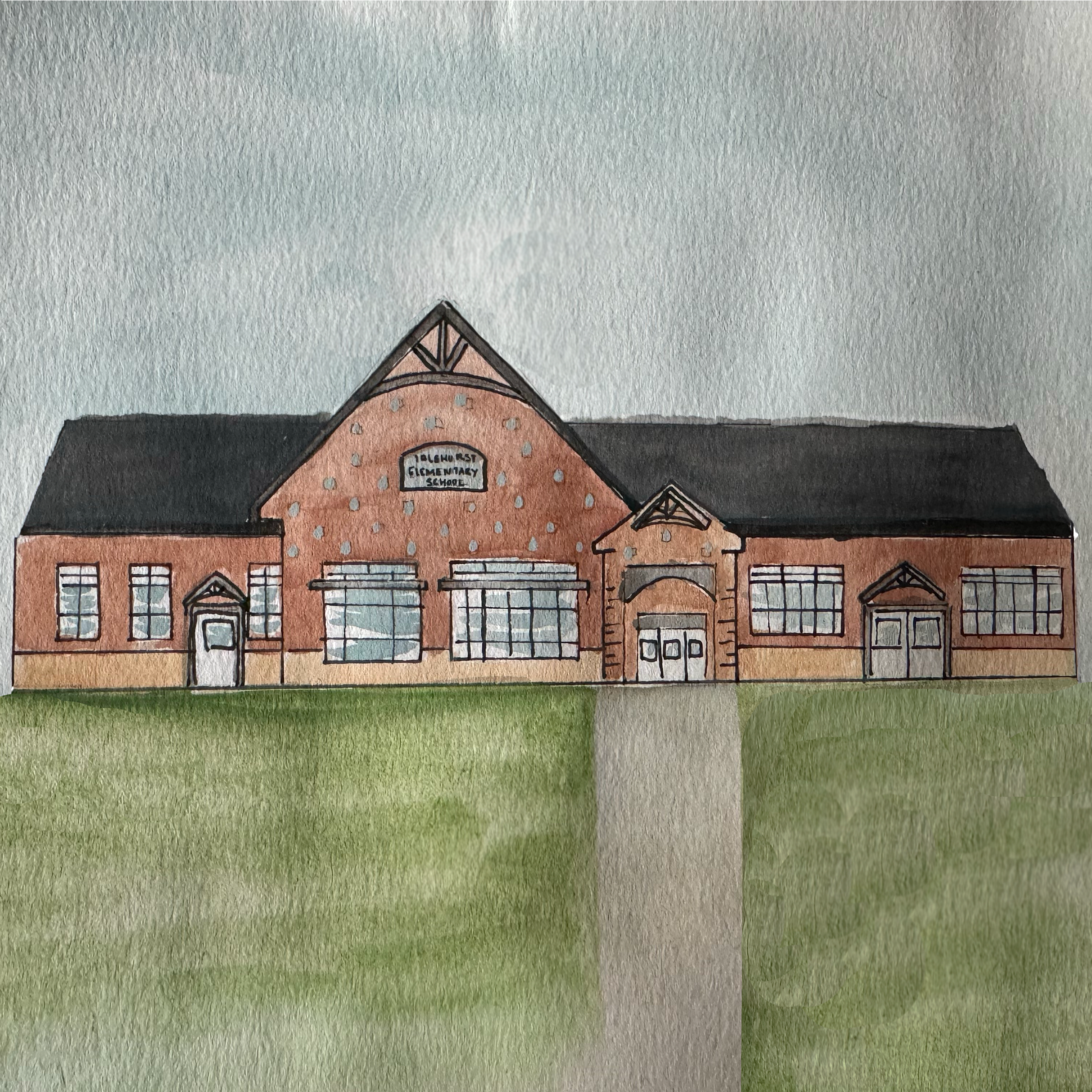 Watercolor painting of Idlehurst Elementary School located at 46 Stackpole Rd. in Somersworth, NH 03878