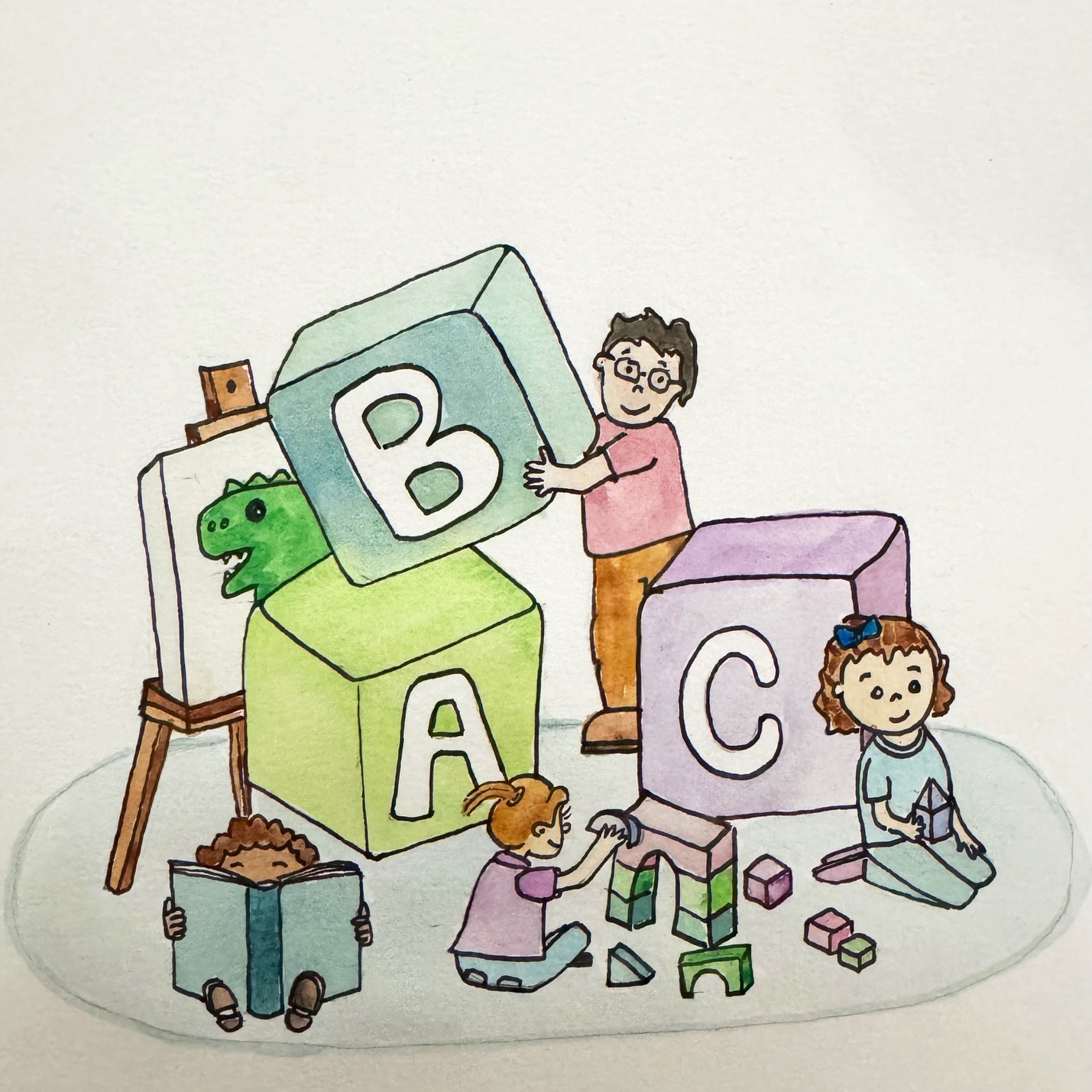 Watercolor illustration of young children playing with toys, reading, painting and learning alphabet